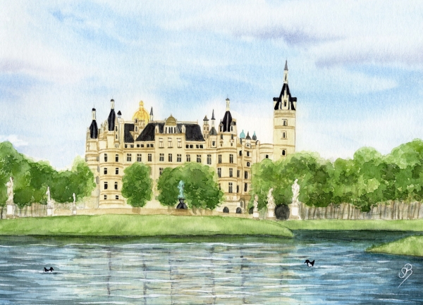 Postkarte DIN-A5 Aquarell Maritim Kunst Druck Kunstdruck Ostsee Schweriner Schloss  - Schlossgarten Ansicht - SCH2a